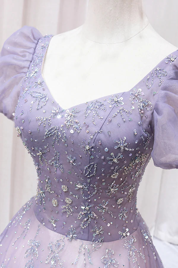 Wholesale Purple Tulle Beaded Long Formal Dress Cute A-Line Evening Dress